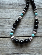 Load image into Gallery viewer, Sterling Silver Black Onyx Multi Stone Turquoise Pink Bead Necklace 18 Inch