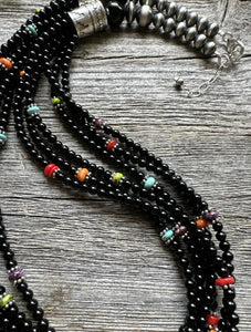 Sterling Silver Multi Strand Black Onyx Multi Stone Bead Necklace. 24 Inch