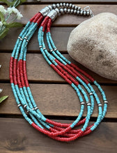 Load image into Gallery viewer, Sterling Silver Multi Strand Heishi Bamboo Coral Turquoise Bead Necklace 24 Inch