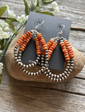 Load image into Gallery viewer, Sterling Silver Double Loop Orange Spiny Oyster Pearls Hoop Earrings.