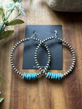 Load image into Gallery viewer, Large Sterling Silver Blue Turquoise Bead 4mm Pearls Loop Hoop Earrings. 3 Inch
