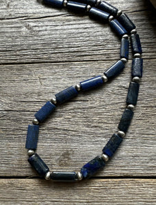 Sterling Silver Lapis Pearls Bead Necklace. 18 inch