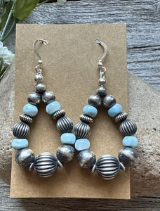 Sterling Silver Blue Larimar W Pearls Bead Loop Corrugated Earrings. 2.4 Inch