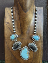 Load image into Gallery viewer, Navajo Sterling Silver Black Jack Kingman Turquoise Lariat Pearls Chain Necklace