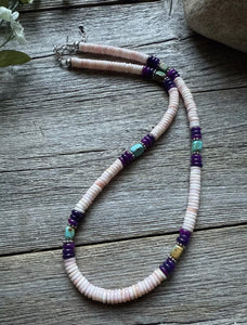 Southwestern Sterling Silver Pink Conch Multi Stone Bead Necklace. 18 Inch
