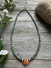 Load image into Gallery viewer, Sterling Silver Orange Spiny Oyster Turquoise Heishi Jackla Bead Necklace 17”