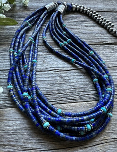 Sterling Silver Multi Strand Stone Lapis Turquoise Bead Necklace. 30 inch