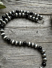 Load image into Gallery viewer, Southwestern Sterling Silver Black Onyx 10mm Pearls Bead Necklace. 26 Inch. Gift