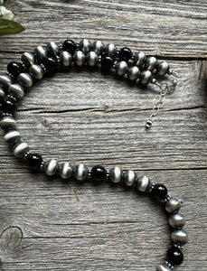 Southwestern Sterling Silver Black Onyx 10mm Pearls Bead Necklace. 26 Inch. Gift