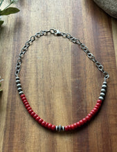 Load image into Gallery viewer, Sterling Silver Graduated Red Coral Pearls Chain Bead Necklace. 16 Inch. Gift