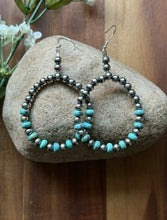 Load image into Gallery viewer, Southwestern Sterling Silver Turquoise Pearls Bead Hoop Earrings. Gift 3.25 Inch