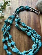 Load image into Gallery viewer, Sterling Silver Multi Strand Turquoise Nuggets Bead Necklace. 28 inch. Gift