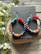 Load image into Gallery viewer, Southwestern 925 Sterling Silver Multi Stone Pearls Hoop Earrings.