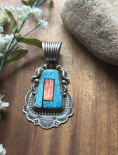 Load image into Gallery viewer, Albert Jake Navajo Sterling Silver Blue Turquoise Spiny Oyster Inlay Pendant