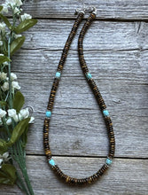 Load image into Gallery viewer, Southwestern 925 Sterling Silver Blue Turquoise Tigers Eye Bead Necklace 18 inch