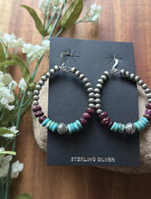 Load image into Gallery viewer, Sterling Silver Purple Spiny Oyster Turquoise Pearls Bead Loop Hoop Earrings