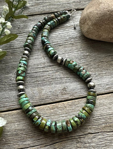 Southwestern 925 Sterling Silver Green Turquoise Heishi Bead Necklace. 20 inch