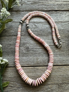 Long Southwestern Sterling Silver Graduated Pink Conch Bead Necklace. 30 Inch