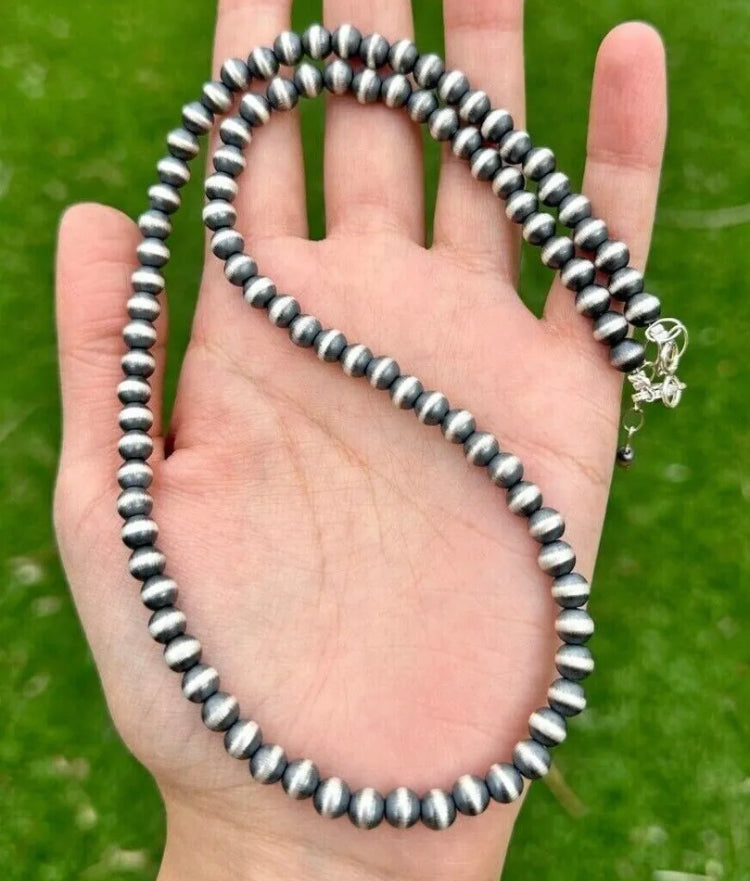 6mm 12 Inch 925 Sterling Silver Oxidized Pearls Bead Necklace Southwestern
