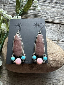 Navajo Sterling Silver Multi Stone Turquoise Pink Conch Earrings RY