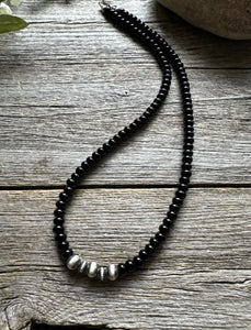 Southwestern 925 Sterling Silver Black Onyx W Pearls Bead Necklace. 18 inch