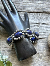 Load image into Gallery viewer, Floral Sterling Silver Blue Lapis Pearls Bead Bracelet. 8 Inch