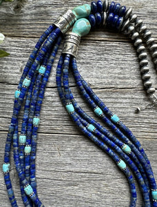 Sterling Silver Multi Strand Stone Lapis Turquoise Bead Necklace. 28 inch