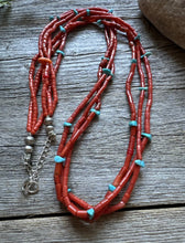 Load image into Gallery viewer, Native American Sterling Silver Multi Strand Coral Turquoise Bead Necklace 30”