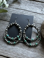 Load image into Gallery viewer, Southwestern SterlingSilver Green Turquoise Pearls Double Loop Earrings 2.5 Inch