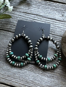 Southwestern SterlingSilver Green Turquoise Pearls Double Loop Earrings 2.5 Inch