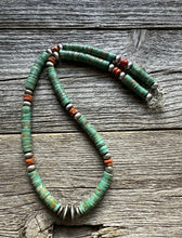 Load image into Gallery viewer, Mens Sterling Silver Green Turquoise Heishi Spiny Bead Necklace. 18 inch