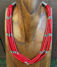 Load image into Gallery viewer, Sterling Silver Multi Strand Heishi Bamboo Coral Turquoise Bead Necklace 22 Inch