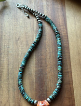 Load image into Gallery viewer, Sterling Silver Graduated Turquoise Heishi Spiny Oyster Bead Necklace 17.5 Inch