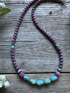 Southwestern 925 Sterling Silver Dyed Sugilite W Turquoise Bead Necklace 18 inch