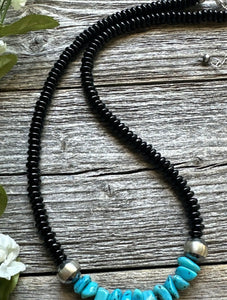 Mens Sterling Silver Black Onyx Turquoise Bead Necklace. 18 Inch