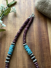 Load image into Gallery viewer, Sterling Silver Turquoise Purple Spiny Oyster Bead Necklace. 18 Inch