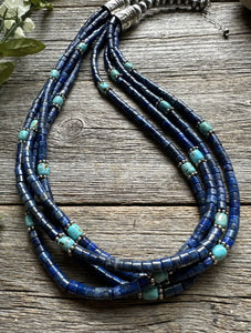 Sterling Silver Multi Strand Lapis  Turquoise Pearls Bead Necklace. 24 inch