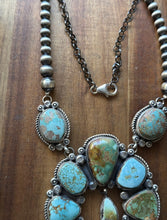 Load image into Gallery viewer, Navajo Sterling Silver Blue Green Royston Turquoise Lariat Pearls Naja Necklace
