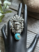 Load image into Gallery viewer, Navajo Sterling Silver Turquoise Indian Chief Head Adjustable Ring Russell Sam