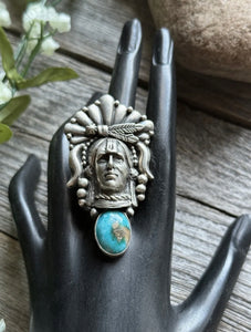 Navajo Sterling Silver Turquoise Indian Chief Head Adjustable Ring Russell Sam