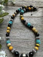 Load image into Gallery viewer, Sterling Silver Multi Stone Turquoise Onyx BumblebeeJasper Bead Necklace 18 inch