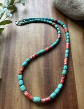 Load image into Gallery viewer, Sterling Silver Graduated Turquoise Heishi Spiny Oyster Bead Necklace 23 Inch