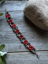 Load image into Gallery viewer, Floral Sterling Silver Red Bamboo Coral Pearls Bead Bracelet. 7 Inch