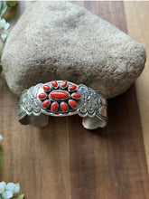 Load image into Gallery viewer, Navajo Native Sterling Silver Red Coral Cluster Cuff Bracelet Rew Dineh