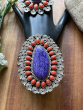 Load image into Gallery viewer, Tonya Rafael Navajo Sterling Silver Purple Charoite Red Coral Cuff Ring Set
