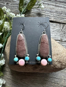 Navajo Sterling Silver Multi Stone Turquoise Pink Conch Earrings RY
