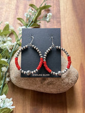 Load image into Gallery viewer, Sterling Silver Red Coral Bead W Pearls Loop Hoop Earrings.