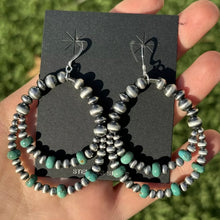 Load image into Gallery viewer, Southwestern SterlingSilver Green Turquoise Pearls Double Loop Earrings 2.5 Inch