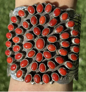 Navajo Native Sterling Silver Red Mediterranean Coral Cuff Bracelet C Yazzie