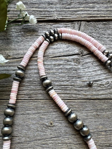 Southwestern Sterling Silver Pink Conch Bead Necklace. 22 Inch